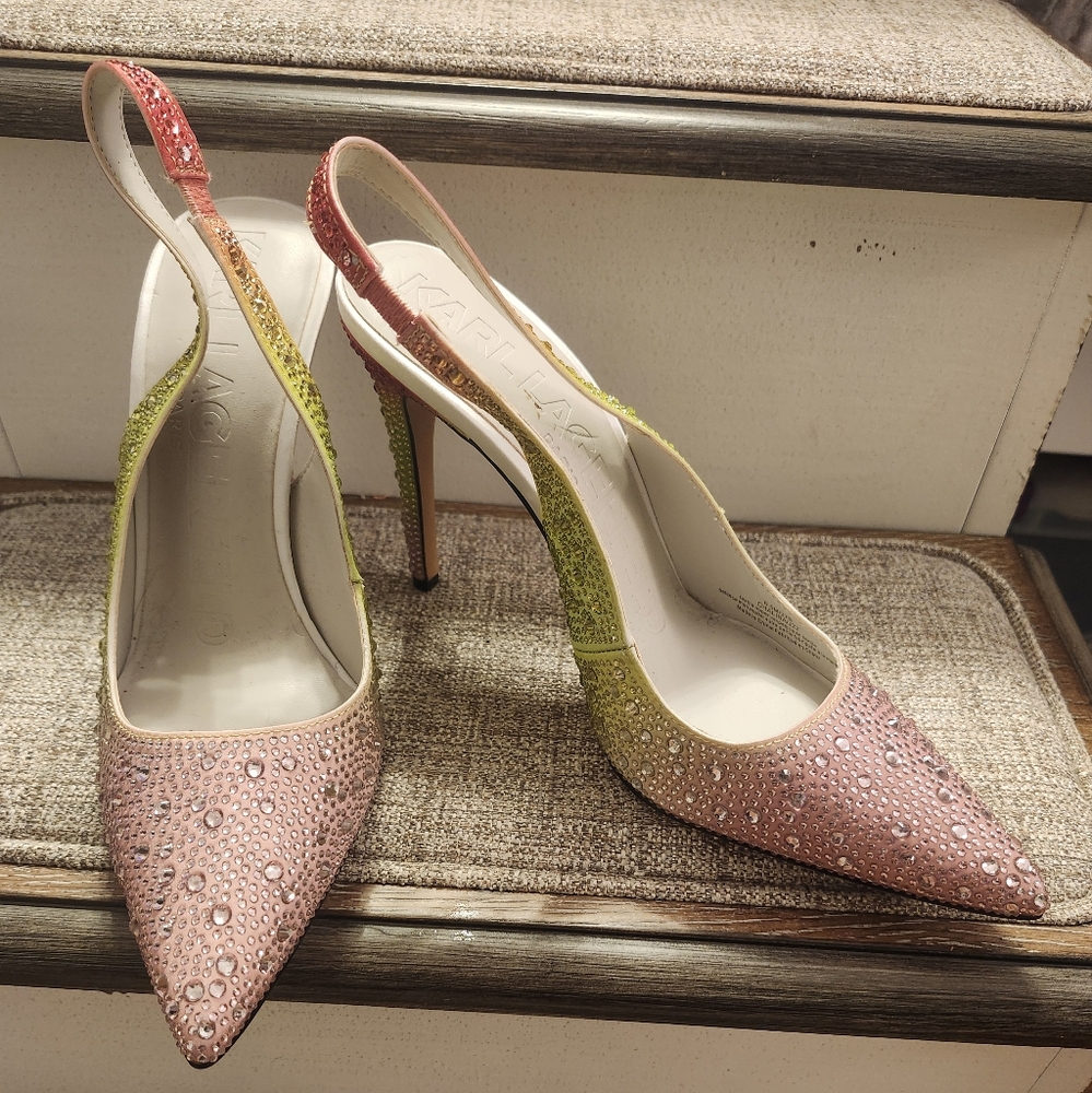 Karl Lagerfeld Elegant Pink and Green Embellished Women's Heels 6.5 - Picture 3 of 4